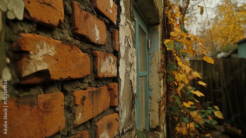 Naklejka premium Facade, A close-up view of weathered brickwork beside an old window, framed by autumn foliage, evoking a rustic, nostalgic atmosphere.