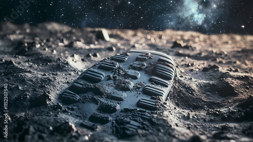 Astronaut boot footprint on moon surface - first footprint of man in space in night photography. Moondust. Illustration photo