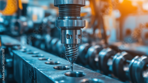 Using an Industrial Drilling Machine, a Metal Drill Bit Creates Holes in Steel Billet, Highlighting the Metalworking Industry with Tools Featuring Multiple Cuts and End Mill