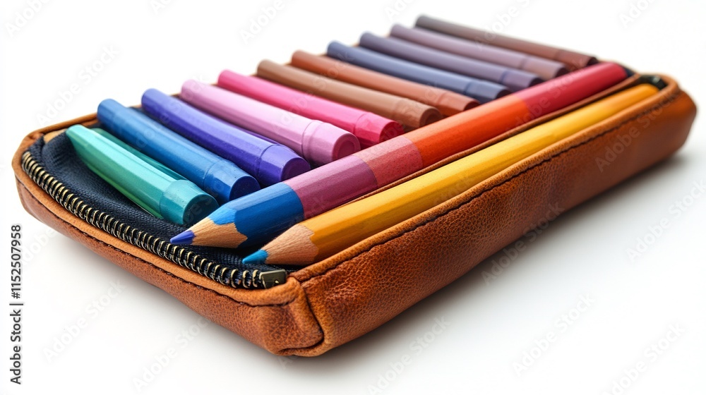 Isolated a white background A set of colored pens neatly arranged in a pencil case ready for school Isolated a white background A set of colored pens neatly arranged in a pencil case ready for school