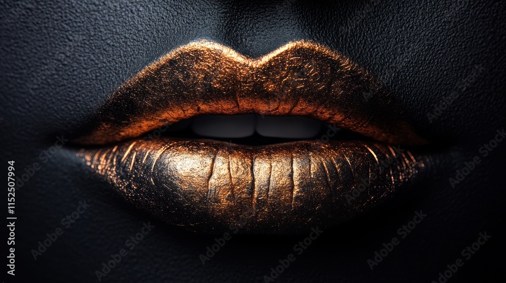 Close-up of woman's lips with gold metallic lipstick on dark skin.