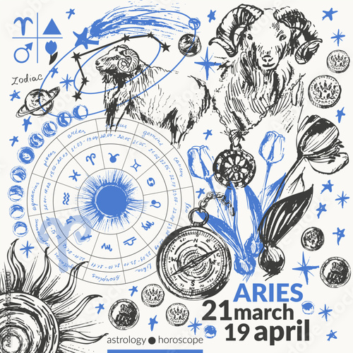 Hand drawn aries zodiac sign illustration, horoscope background with astrology symbols and talismans.