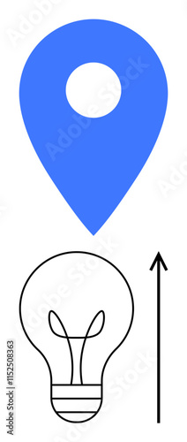 Blue location pin above a light bulb with upward arrow. Ideal for creativity, innovation, growth, direction, progress, ideas, and mapping. Line metaphor