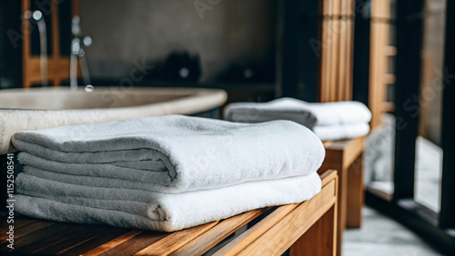 White spa towels, folded neatly on a clean bath mat, evoke feelings of relaxation and hygiene photo