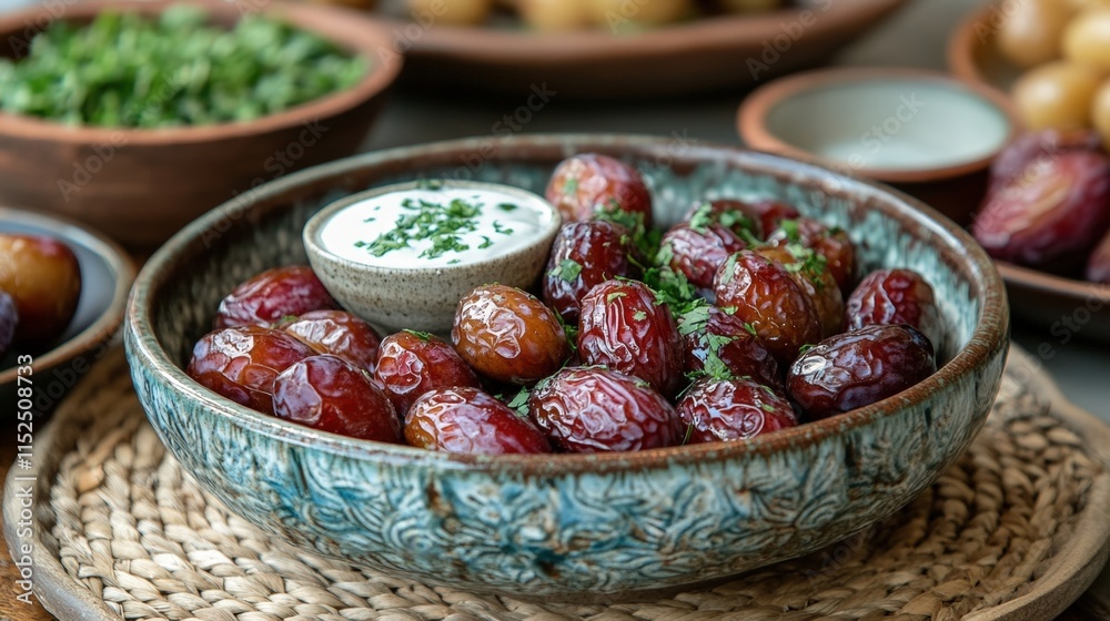 Roasted dates in a rustic bowl with creamy dip and herbs. Roasted dates in a rustic bowl with creamy dip and herbs.