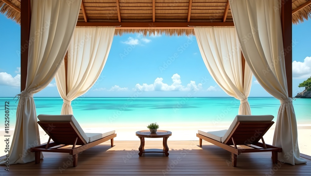 Obraz premium Beachfront Cabana with Flowing Curtains and Ocean View