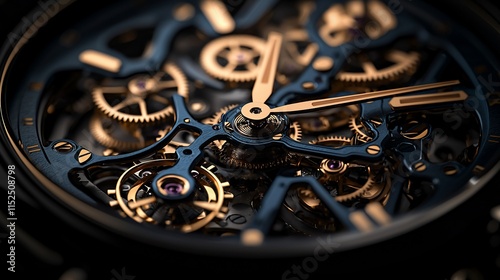 Wallpaper Mural Close-up of intricate watch mechanism, showcasing gears, hands, and internal components in dark blue and gold tones. Torontodigital.ca