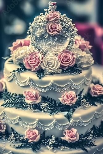 Wallpaper Mural Elegant Three-Tier Wedding Cake with Pink Roses and White Lace Torontodigital.ca