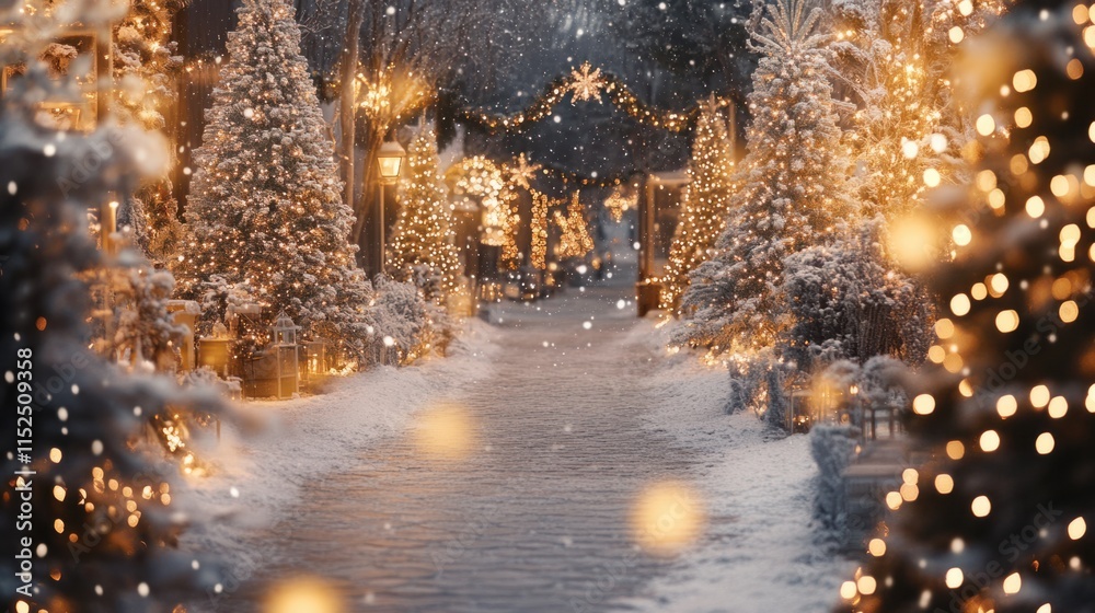 A festive Christmas landscape with decorated trees, frosty pathways, and sparkling snowflakes in the air A festive Christmas landscape with decorated trees, frosty pathways, and sparkling snowflakes in the air