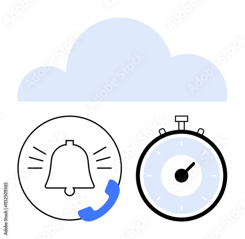 Cloud notification bell with call symbol stopwatch. Ideal for cloud computing, alerts, time management, efficiency, digital communication, technology services, productivity tools. Line metaphor