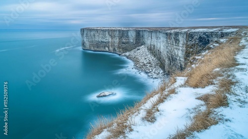Snow Covered Cliffs Overlooking a Teal Ocean