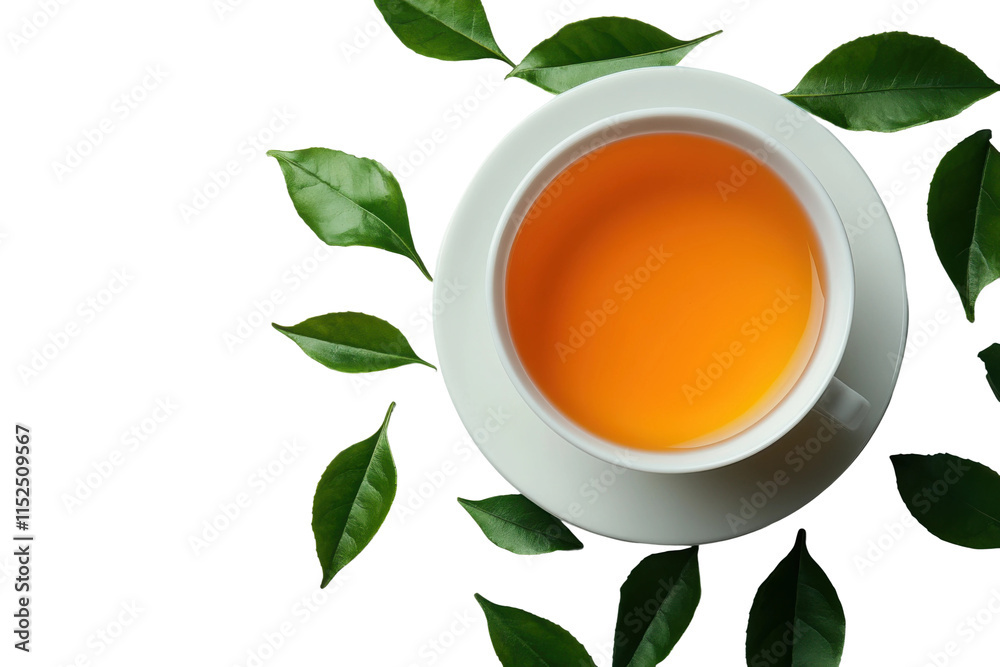 Fresh brewed tea in white ceramic cup with scattered green tea leaves, aromatic and natural hot drink, refreshing beverage isolated on transparent background Fresh brewed tea in white ceramic cup with scattered green tea leaves, aromatic and natural hot drink, refreshing beverage isolated on transparent background