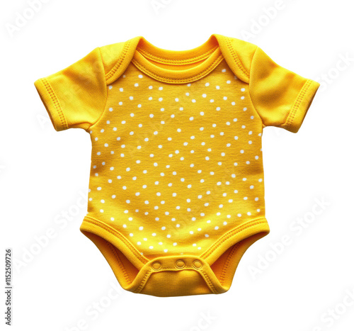 Yellow baby bodysuit with white polka dots, cute infant onesie, soft cotton clothing for newborns, adorable and cozy outfit isolated on transparent background