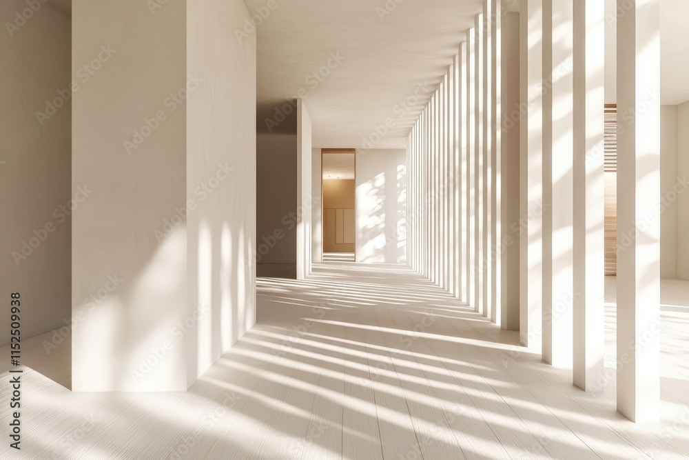 Minimalist white hallway with sunlight streaming through slatted dividers. Minimalist white hallway with sunlight streaming through slatted dividers.