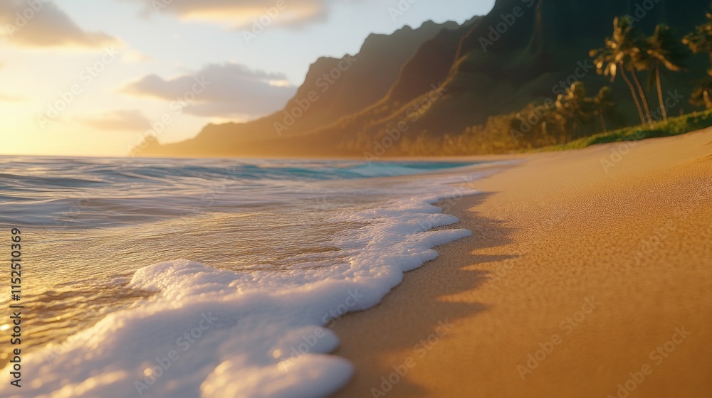 Fototapeta premium Golden Sunset Waves Crashing on a Tropical Beach