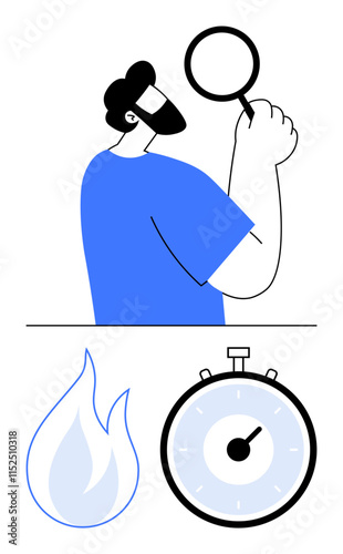 Man holds a magnifying glass a blue flame and a stopwatch. Ideal for research, analysis, investigation, discovery, urgency, time management, energy. Line metaphor