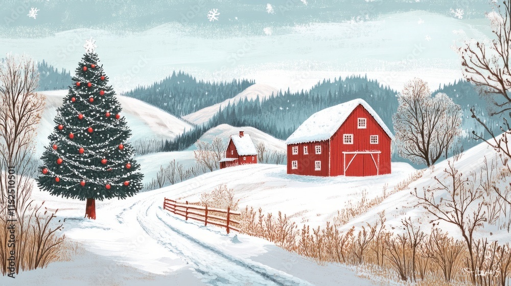 A peaceful Christmas countryside with rolling hills, a bright red barn, and a decorated tree near a snowy path A peaceful Christmas countryside with rolling hills, a bright red barn, and a decorated tree near a snowy path
