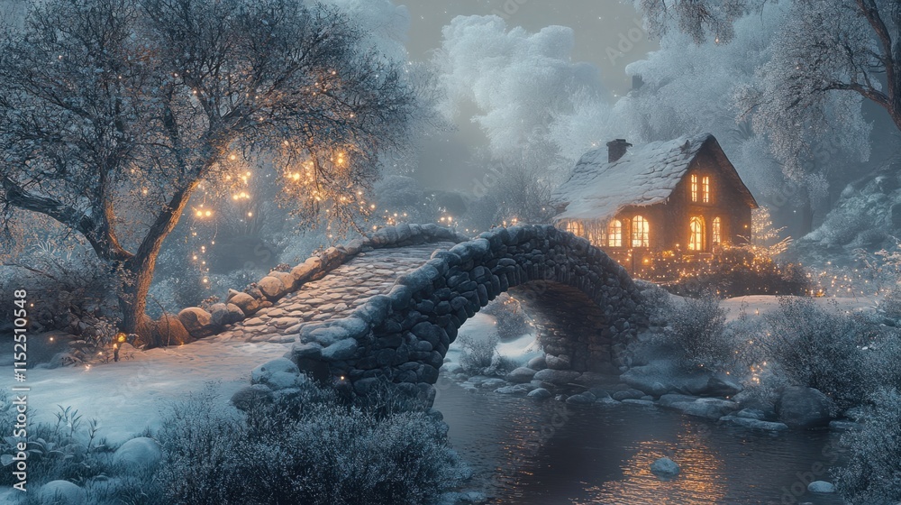 Fototapeta premium A peaceful countryside Christmas landscape with a stone bridge, frosted trees, and a glowing cottage