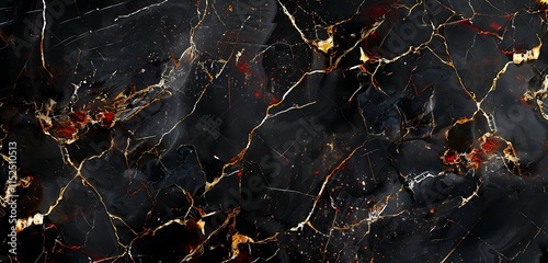 Luxurious black marble background with golden cracks and red abstract contrast, elegant style