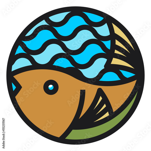 fish in circle with simple shape, simple colored vector illustration, work of hand drawn
