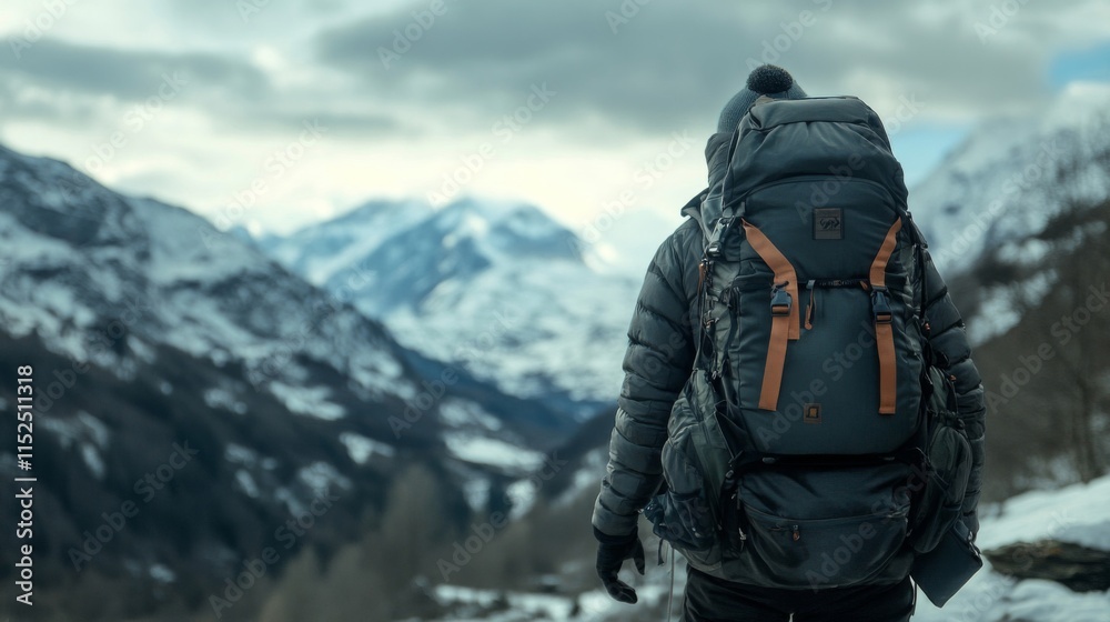 Backpacker Views Snowy Mountain Range Landscape Backpacker Views Snowy Mountain Range Landscape