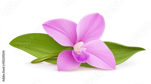 Pink Orchid Bloom with Green Leaf on a White Background