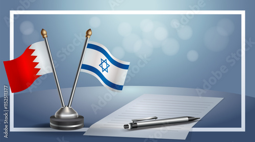 Bahrain and Israel National flags on small table with bokeh background, cooperative relationship