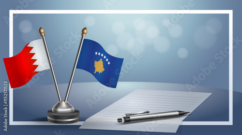 Bahrain and Kosovo National flags on small table with bokeh background, cooperative relationship