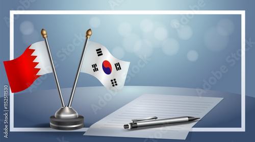 Bahrain and South Korea National flags on small table with bokeh background, cooperative relationship