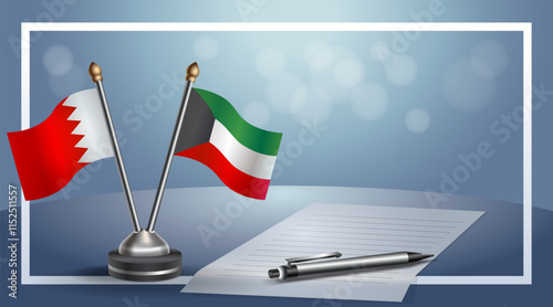 Bahrain and Kuwait National flags on small table with bokeh background, cooperative relationship