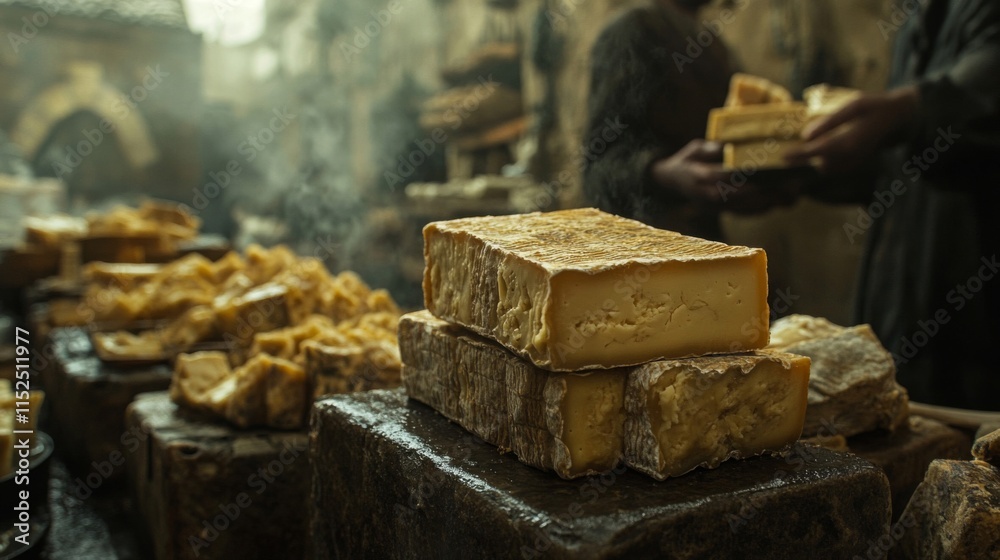 Aged Cheese Blocks Stacked at a Market Stall