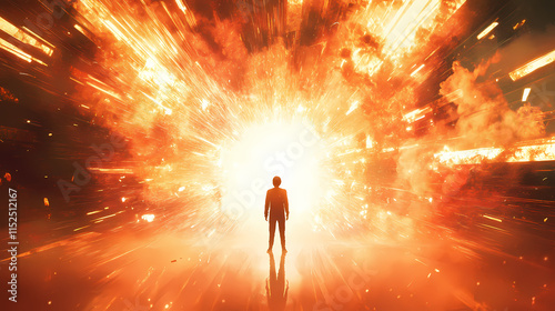 Short description: a person stands at the cusp of a cosmic explosion, an earthly witness. Liminality. Illustration
