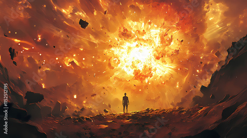 Short description: a person stands at the cusp of a cosmic explosion, an earthly witness. Liminality. Illustration