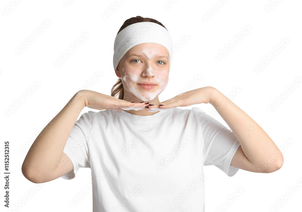 Teenage girl washing her face with cleanser on white background. Cosmetic product Teenage girl washing her face with cleanser on white background. Cosmetic product