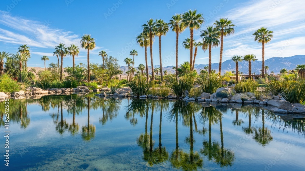 Obraz premium Serene Tropical Oasis with Palm Trees and Reflections in Water