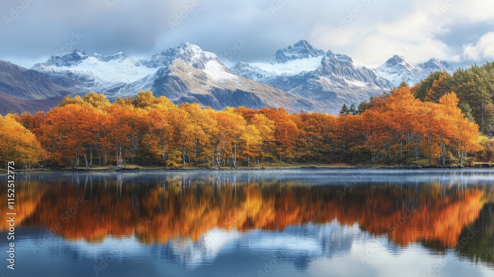 Fototapeta premium Autumnal Trees Reflecting in Calm Lake With Snowy Mountains