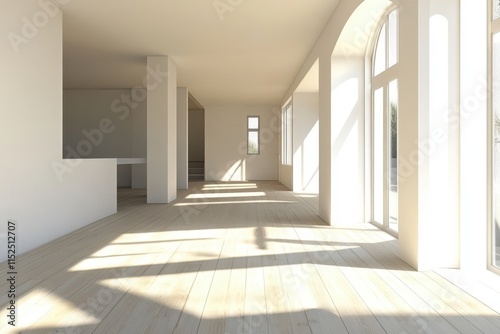 Sunlit empty room with hardwood floor, white walls, and arched windows.