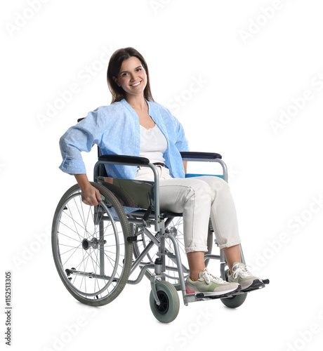 Smiling woman in wheelchair on white background