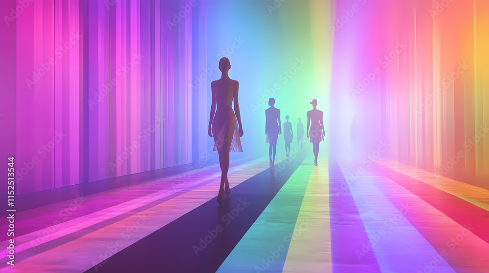 Holographic fashion runway with phased dimensional models in surreal spectrum backdrop. Liminality. Illustration Holographic fashion runway with phased dimensional models in surreal spectrum backdrop. Liminality. Illustration