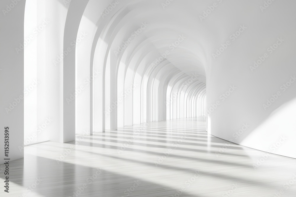 Sunlight streams through a long, white arched hallway. Sunlight streams through a long, white arched hallway.