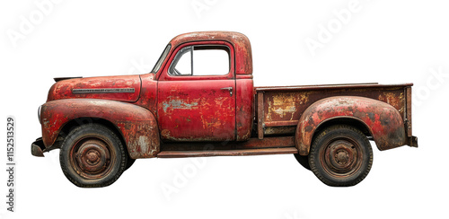 Rustic vintage red pickup truck with weathered paint, perfect for retro themes, automotive projects, or countryside visuals isolated on transparent background.