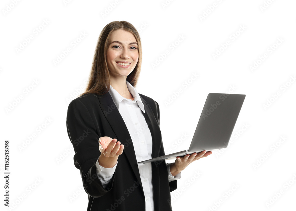 Portrait of banker with laptop on white background Portrait of banker with laptop on white background