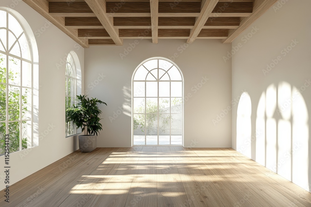 Sunlit empty room with arched windows, wooden ceiling beams, and hardwood floor. Sunlit empty room with arched windows, wooden ceiling beams, and hardwood floor.