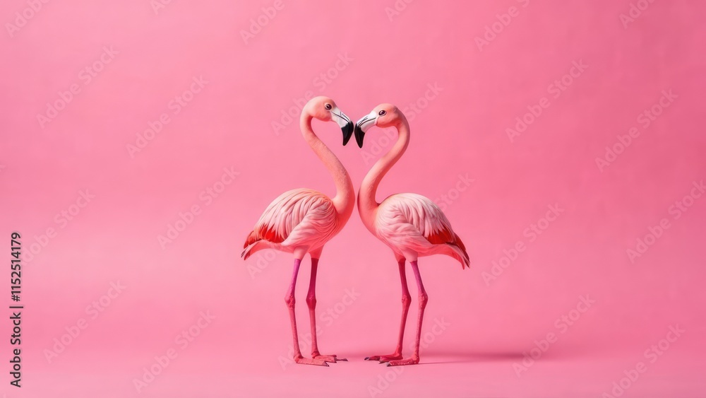 Obraz premium Two pink flamingos stand facing each other against a pink background, their necks forming a heart shape for a Valentine's theme. Concept of Heartfelt flamingos.