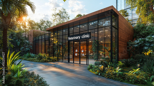 The exterior of a veterinary clinic with a clean, modern facade, large glass doors with paw-print decals, and a sign above the entrance 