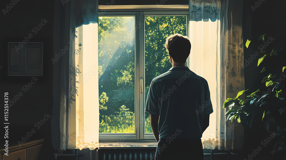 Man looking out the window. Liminality. Illustration Man looking out the window. Liminality. Illustration
