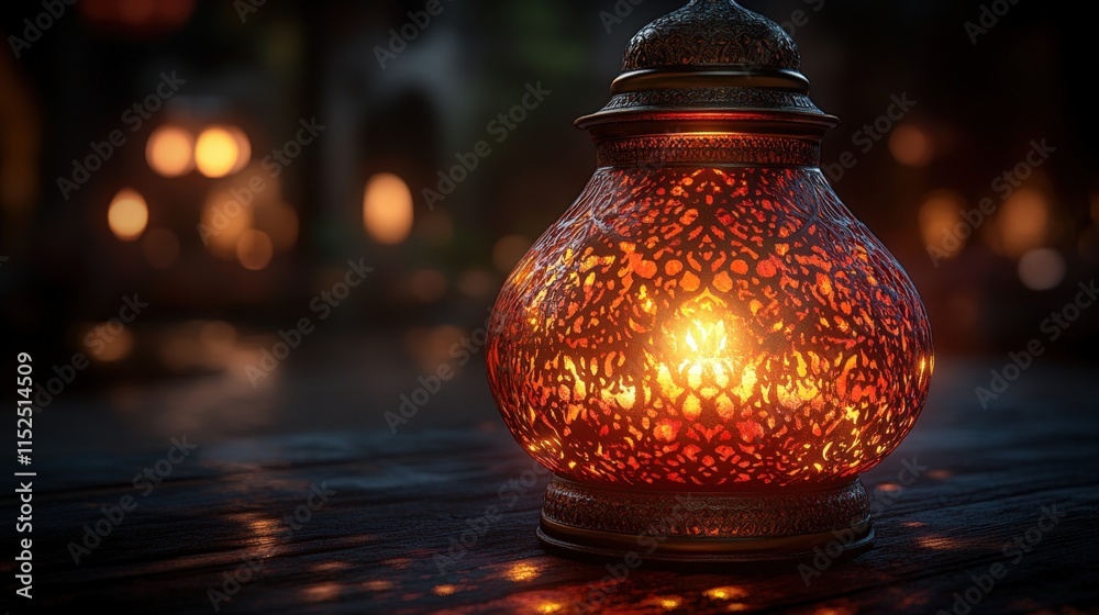 Ornate lantern glows on wooden table at night, ambient lighting. Ornate lantern glows on wooden table at night, ambient lighting.
