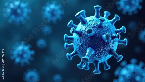 A detailed 3D rendering shows a blue virus particle with spiky projections against a blurred background of similar particles.
Concept of viral disease. photo