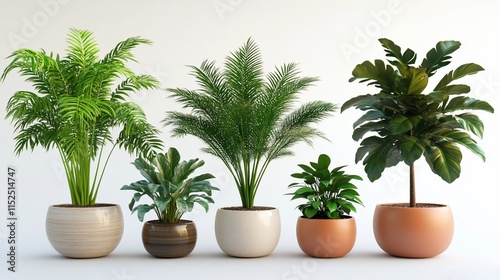 Five potted tropical plants, various sizes and types, in modern pots against a white background.