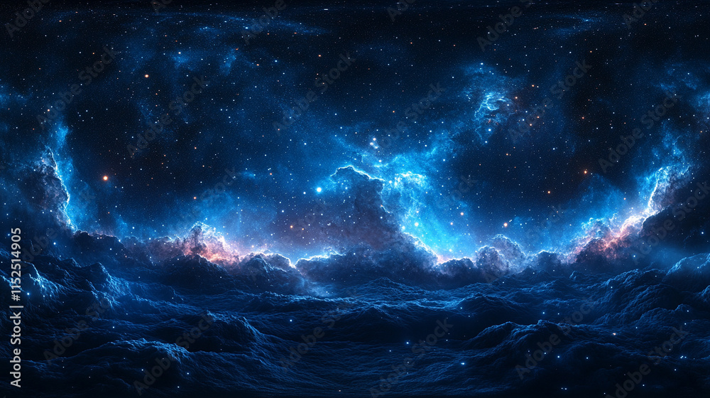 Fototapeta premium A 360-degree equirectangular projection space background featuring a nebula, stars, and an environment map in an HDRI spherical panorama, symbolizing vastness, infinity, and cosmic exploration